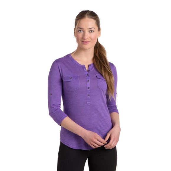 Kühl Khloe shirt purple lilac cotton roll tab sleeves pockets gathered buttons - Picture 1 of 10